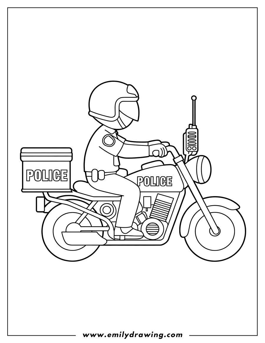 Line art of a police officer riding a police motorcycle. The motorcycle has a box on the back and a radio antenna. The officer is wearing a helmet.