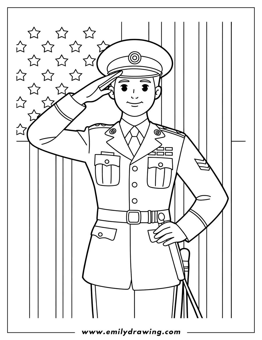 Line art of a police officer saluting in front of an American flag.