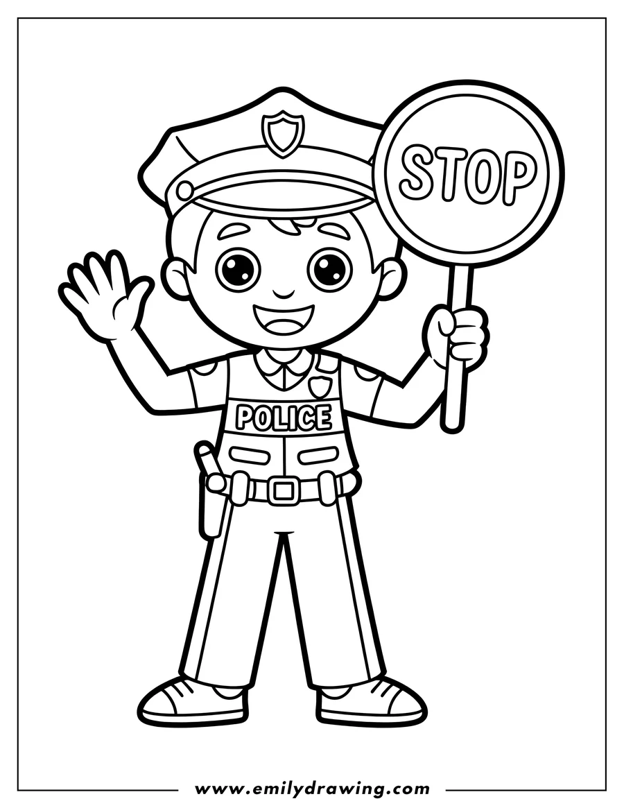 Line art of a friendly police officer holding a stop sign and waving. He's wearing a police uniform with a badge.