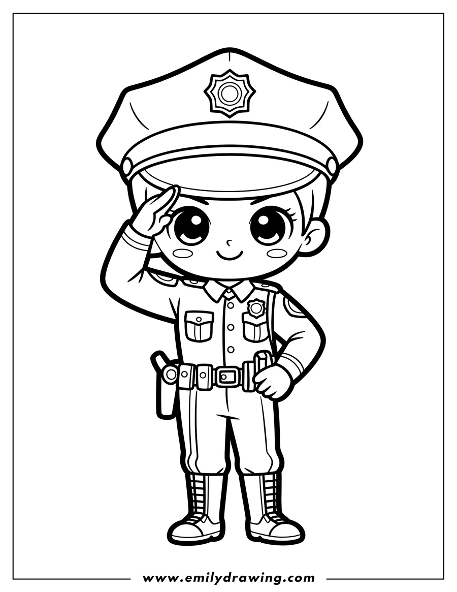 Line drawing of a police officer in uniform, ready for coloring. They're saluting, and their uniform has a badge and pockets.