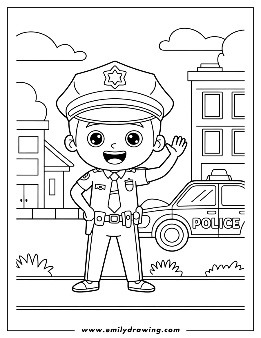 Line art of a friendly police officer waving, with a police car and buildings in the background.