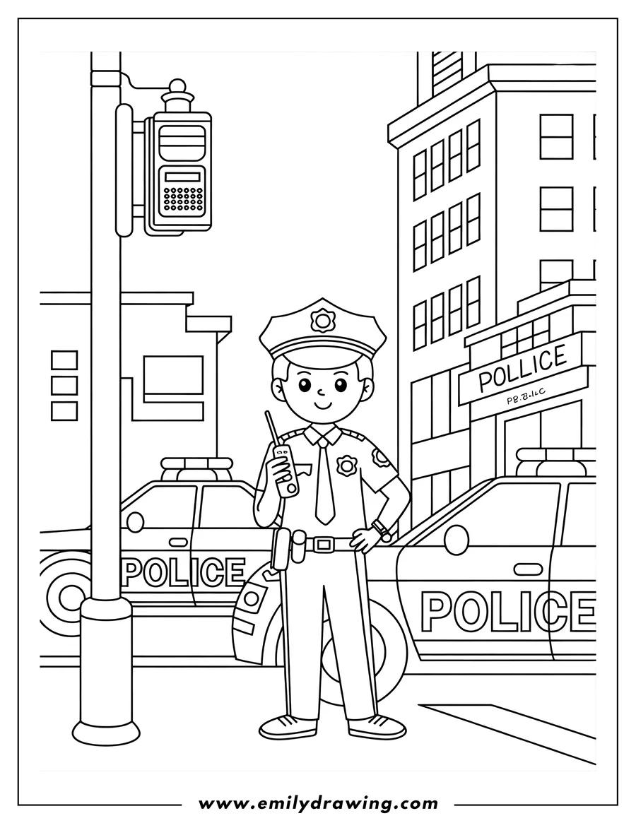 Line art of a police officer holding a radio, standing near police cars and a police station.