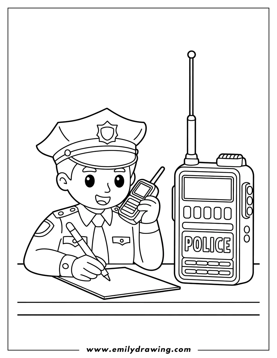 Line art of a police officer writing on a pad of paper while talking on a police radio.