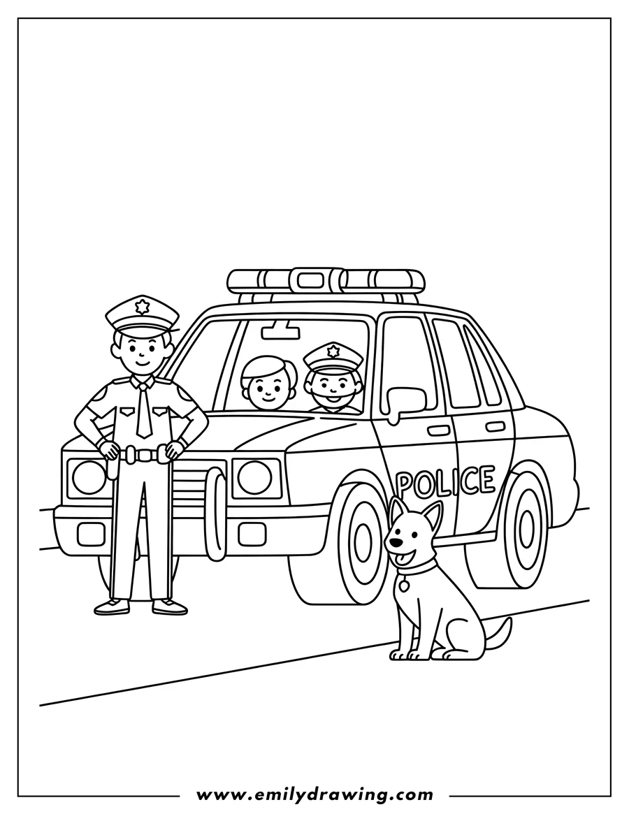 Line art of two police officers in a police car with one officer standing outside and a police dog sitting next to the car.