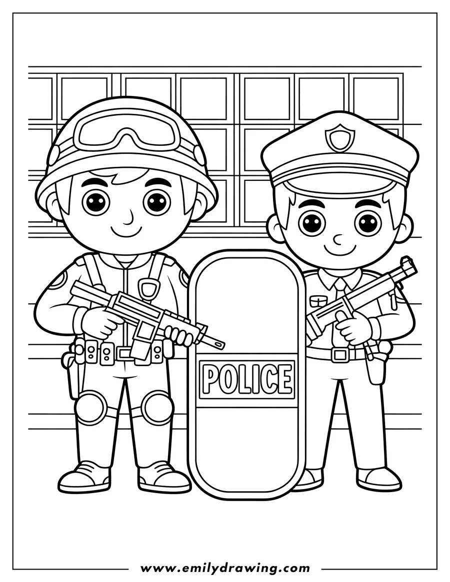 Line art of two police officers. One officer wears a helmet and holds a gun, standing next to a riot shield. The other officer wears a police hat and also holds a gun.