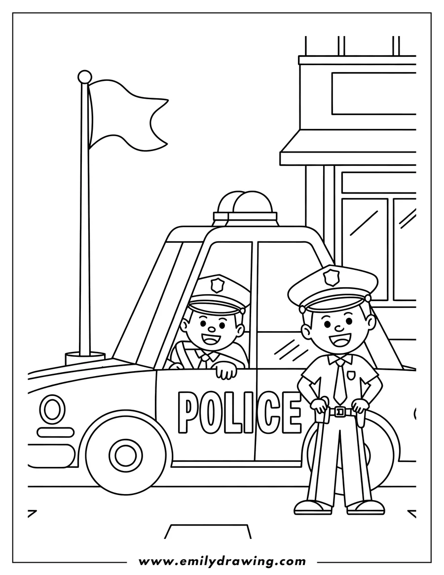 Line art of two police officers with their police car. One officer is inside the vehicle, while the other stands next to it. A police station and flagpole are visible in the background.