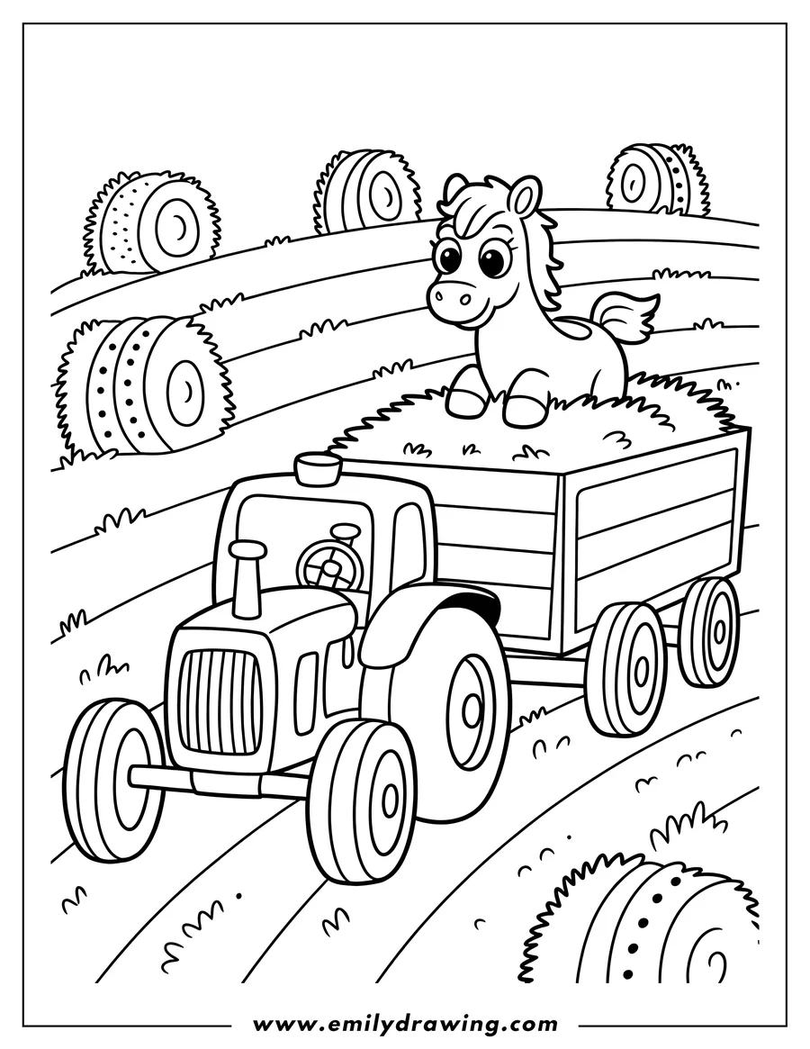 Outline of a pony riding in a tractor's hay-filled trailer, passing by rolls of hay in a field.