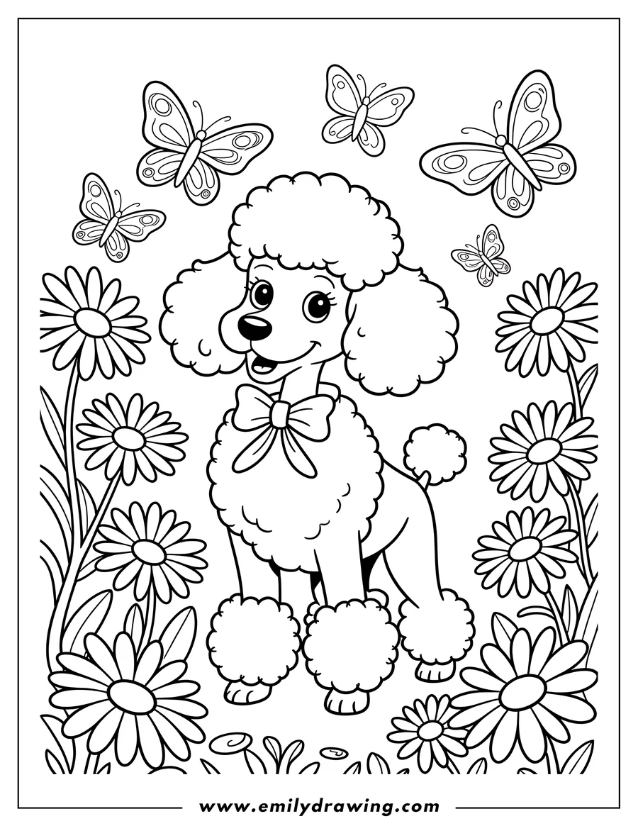 Outline of a poodle standing among daisies and butterflies.