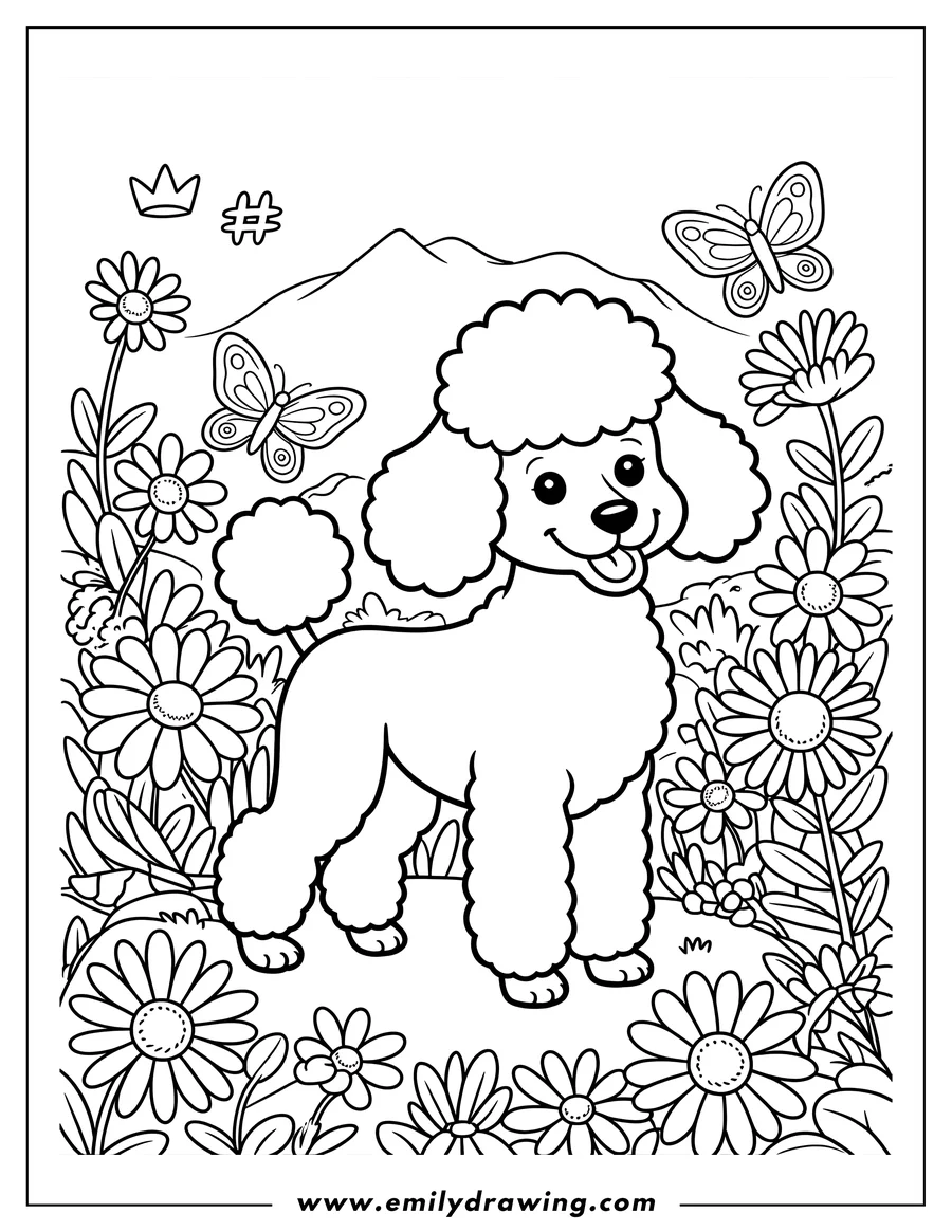 Outline of a poodle standing in a field of flowers with two butterflies nearby and rolling hills in the background.