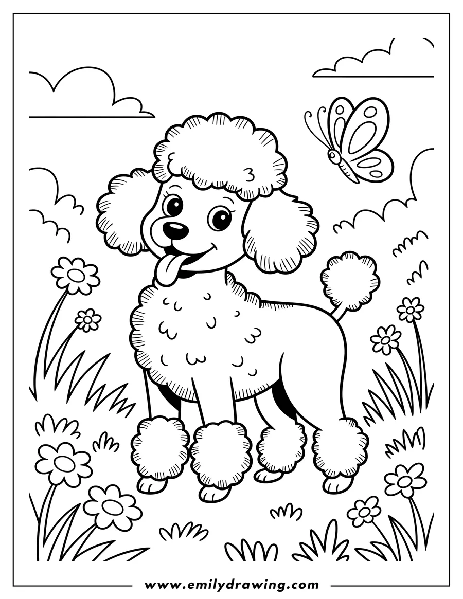 Outline of a fluffy poodle with its tongue out, standing in a field of flowers and grass. A butterfly flits nearby.