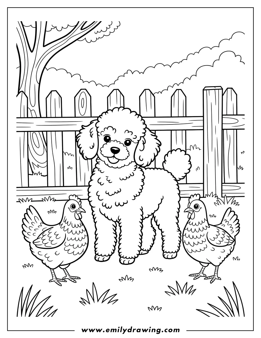 Outline of a poodle standing by a wooden fence with two chickens nearby in a grassy area.