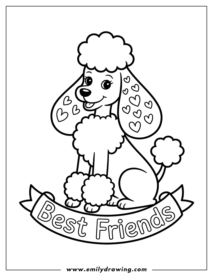 Line art of a poodle with fluffy fur, heart shapes, and a 