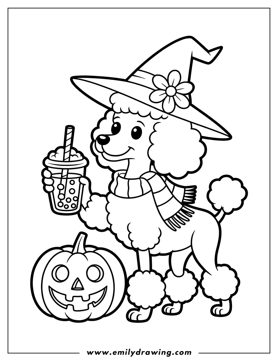 Line art of a poodle wearing a witch hat and scarf, holding a bubble tea next to a carved pumpkin.
