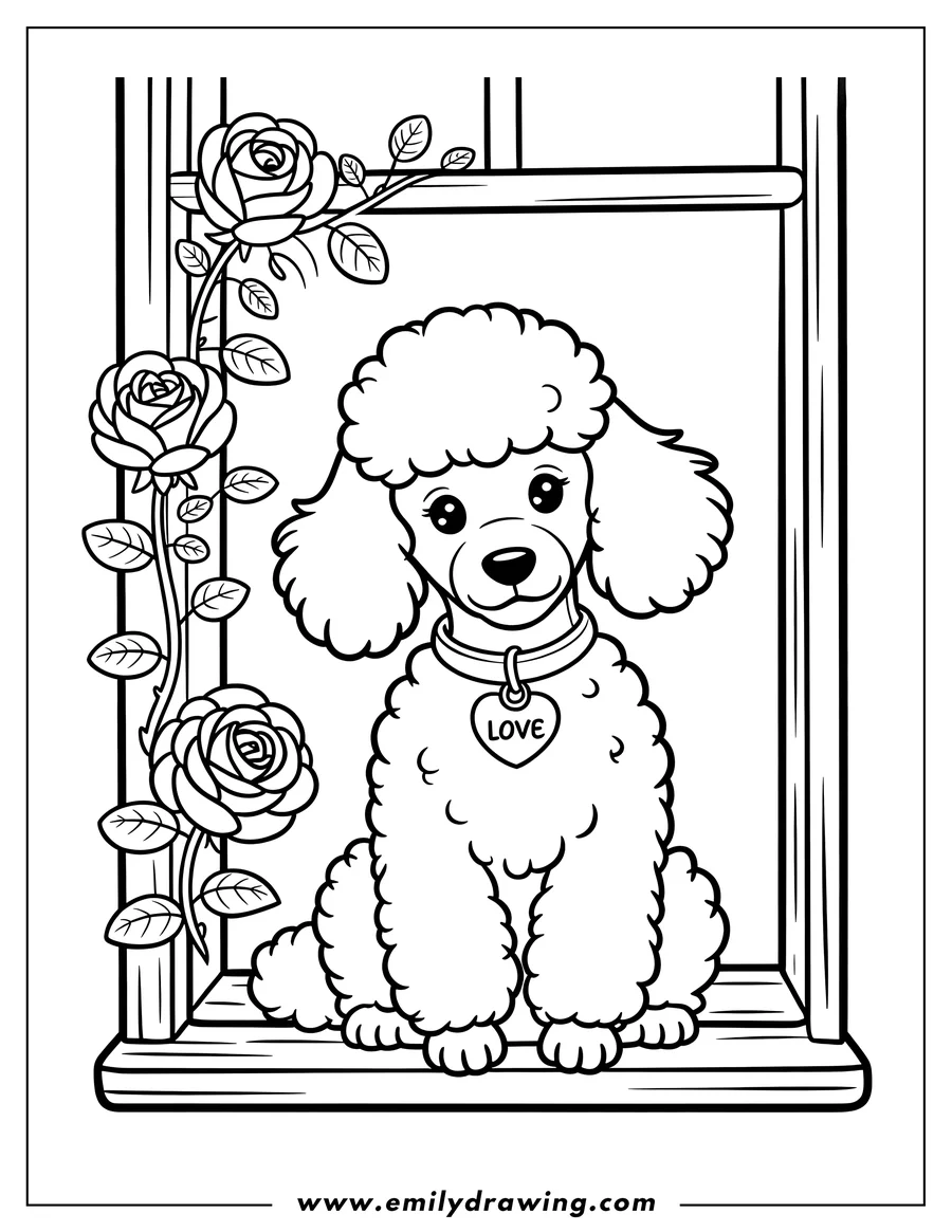 Outline of a poodle sitting by a window with roses growing outside. The poodle wears a collar with a heart-shaped tag that says 'LOVE'.