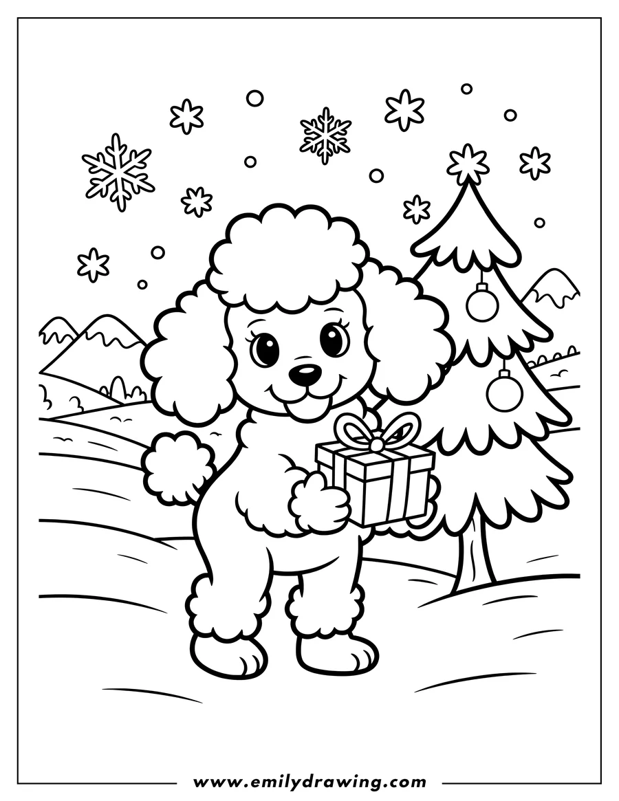 Outline of a poodle holding a Christmas present near a decorated Christmas tree in a snowy landscape.