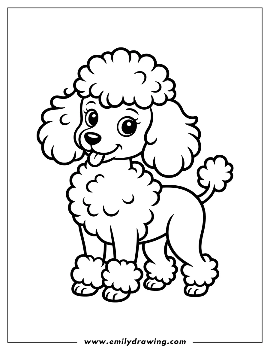 Line art of a poodle with a fluffy coat, its tongue sticking out playfully.