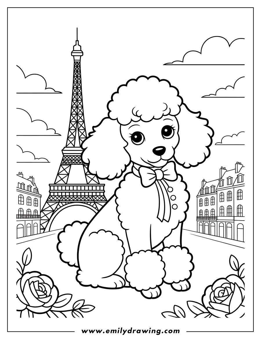 Line art of a poodle sitting near the Eiffel Tower in Paris, with stylized roses and leaves framing the scene.