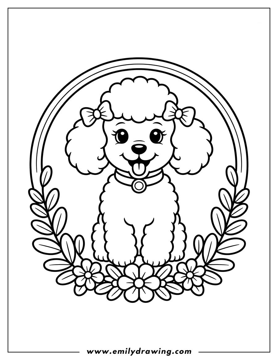 Outline of a fluffy poodle sitting inside a circular frame decorated with leaves and flowers. The poodle has two bows on its head and a collar with a circular tag.