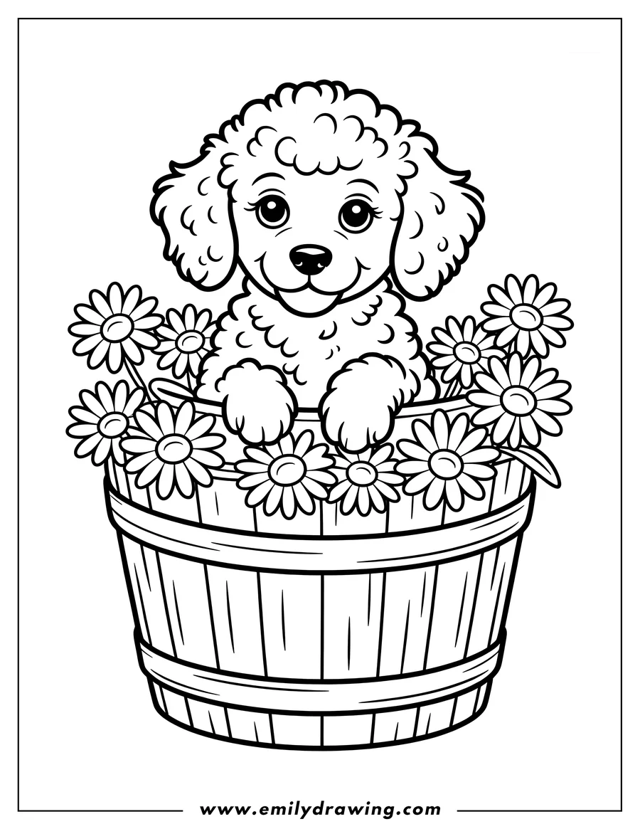Outline of a poodle sitting in a wooden basket filled with daisies.