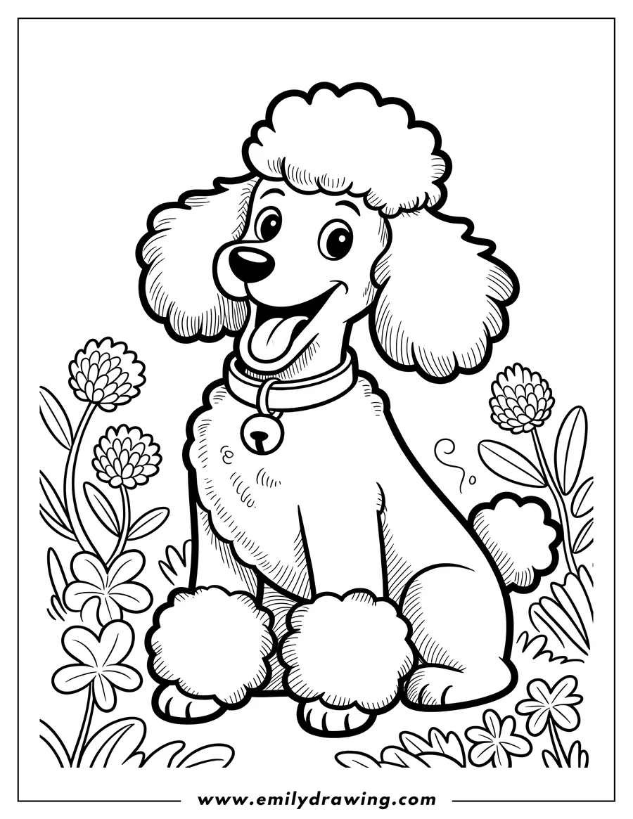 Line art of a poodle sitting in a patch of clover flowers. The poodle wears a collar with a bell.