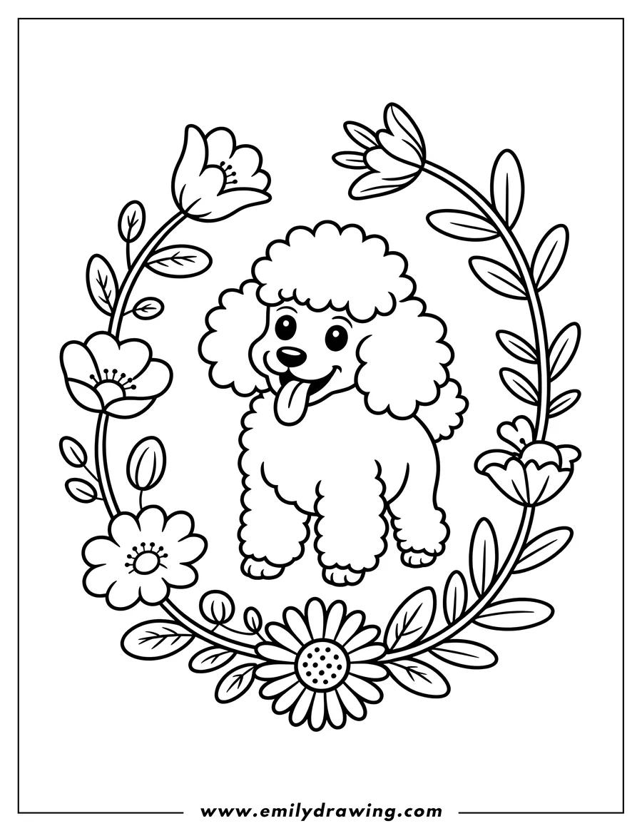 Outline of a fluffy poodle inside a decorative wreath of flowers and leaves.