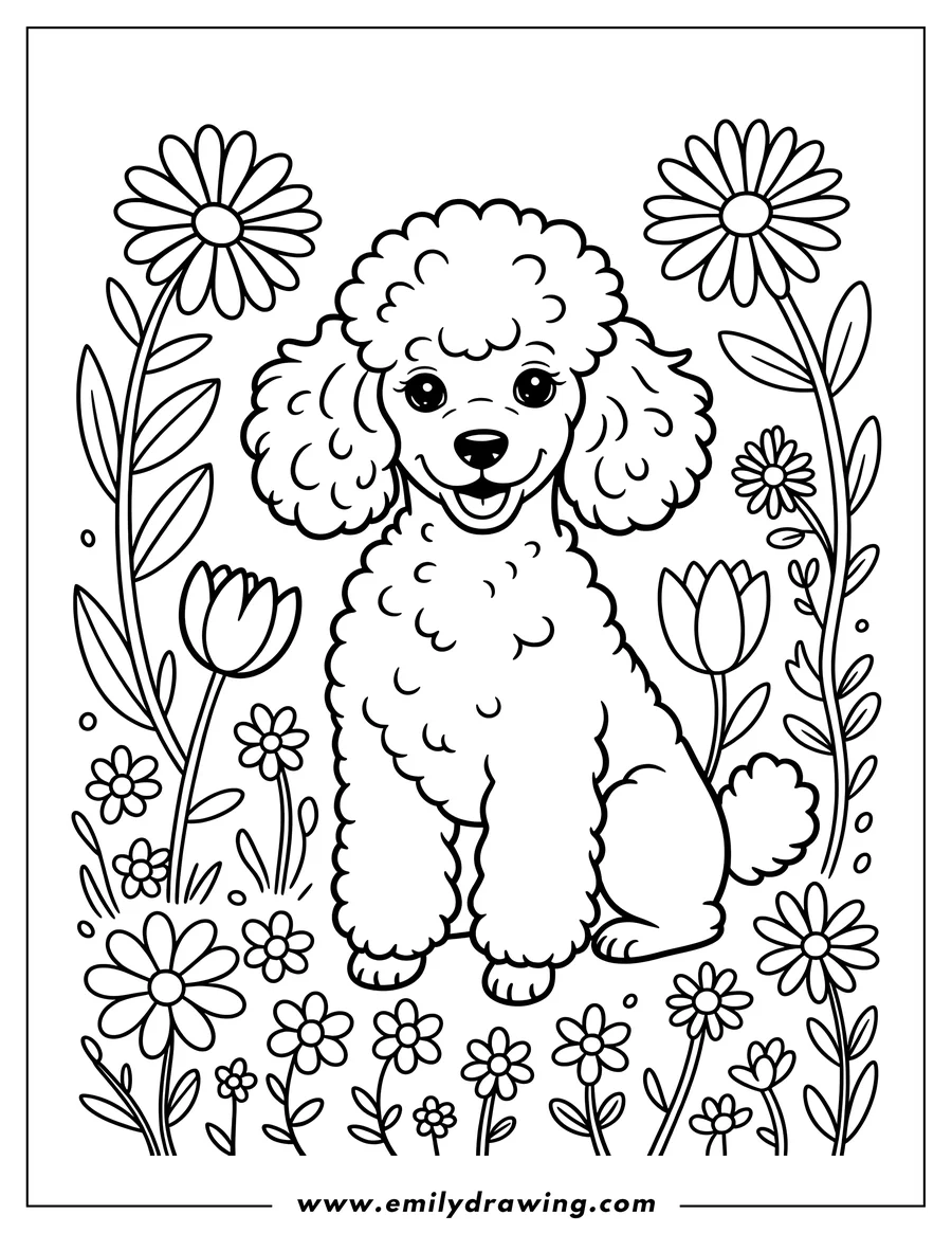 Outline of a fluffy poodle sitting in a garden surrounded by daisies and tulips.