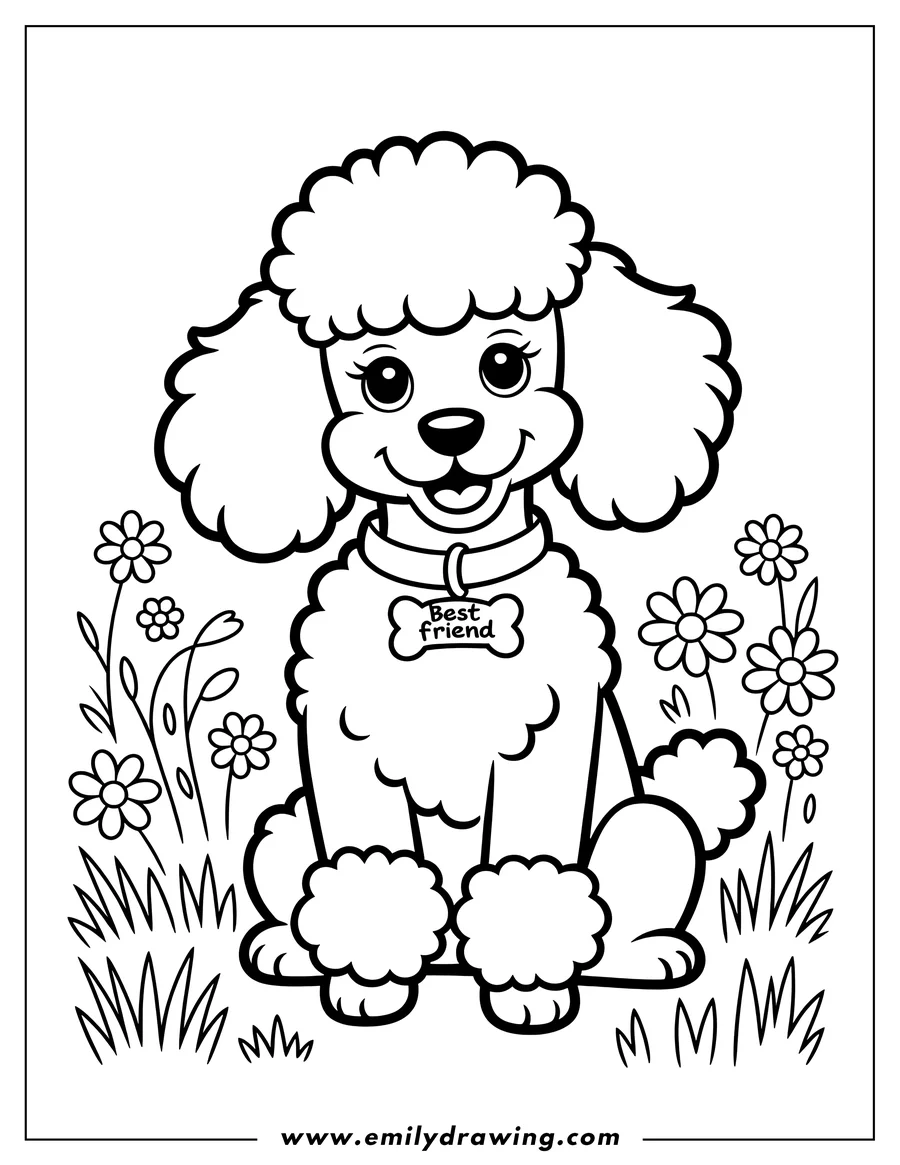 Outline of a fluffy poodle sitting in a field of flowers. The poodle wears a collar with a 