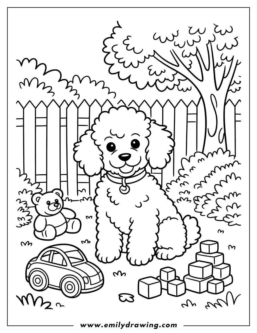 Outline of a poodle sitting in a garden with toys: a car, blocks, and a teddy bear.