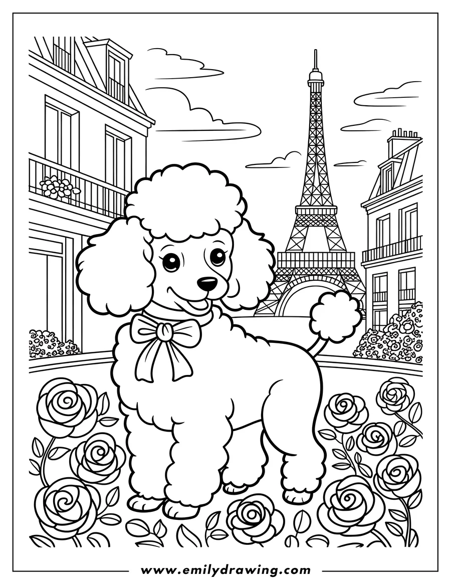 Outline of a poodle wearing a bow, standing near roses in Paris with the Eiffel Tower in the background.