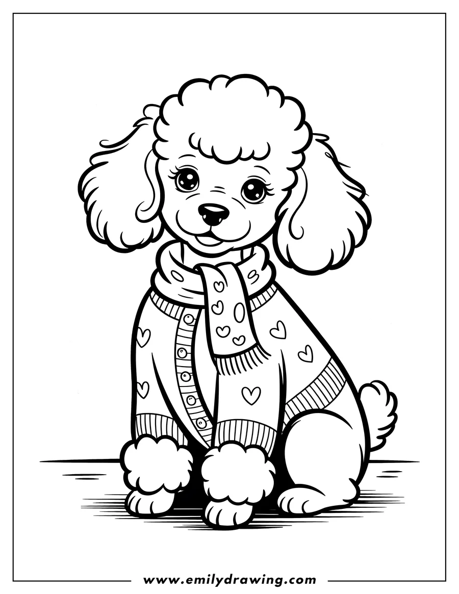 Line art of a poodle wearing a patterned sweater and scarf.