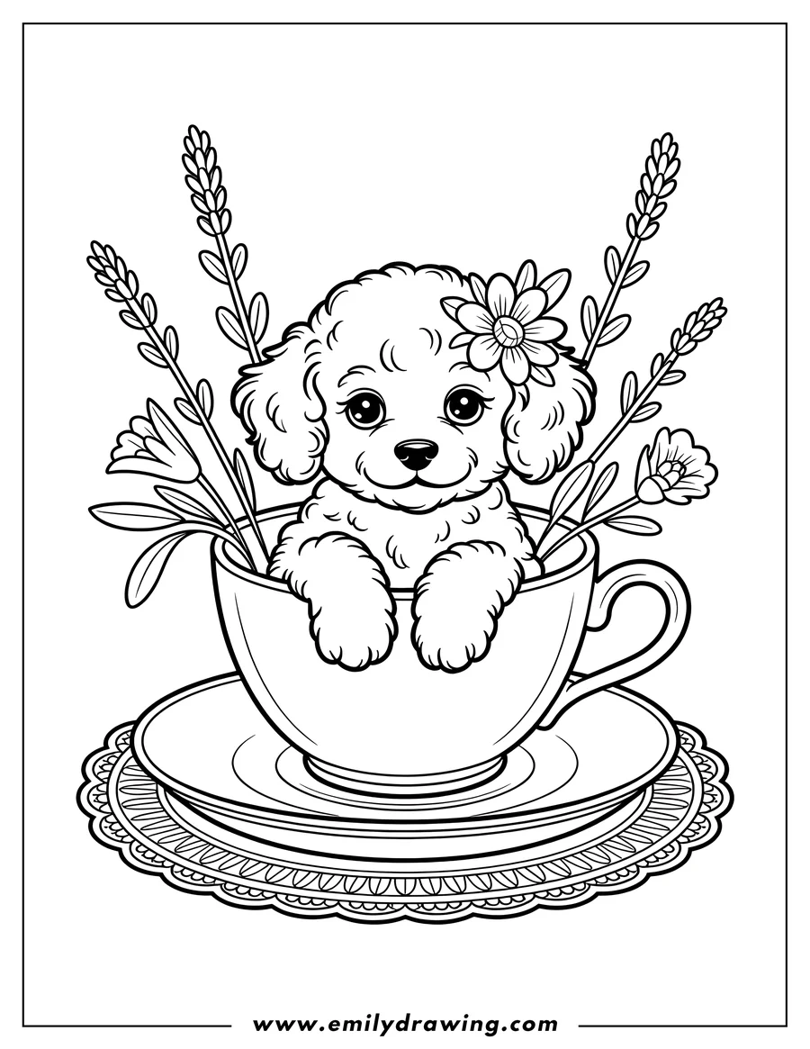 Outline of a small poodle sitting in a teacup, surrounded by flowers.