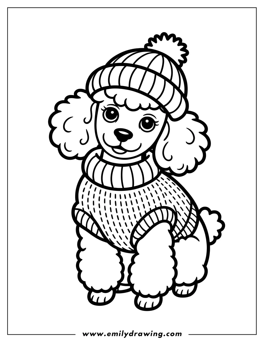 Outline of a poodle wearing a winter hat and sweater.