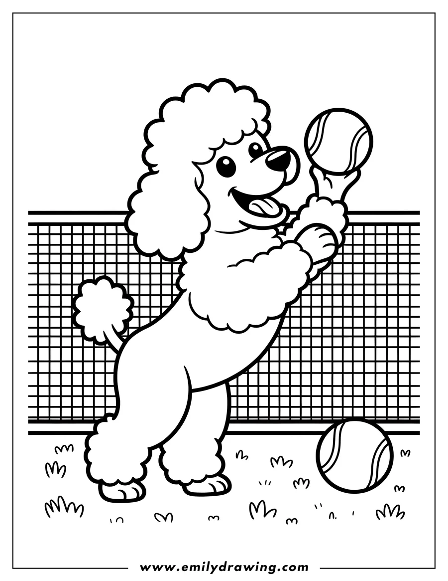 Outline of a poodle standing on its hind legs, reaching for a tennis ball with a playful expression. Another tennis ball lies on the grass near a fence in the background.