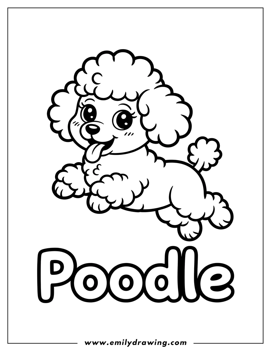 Line art of a fluffy poodle running with its tongue out.