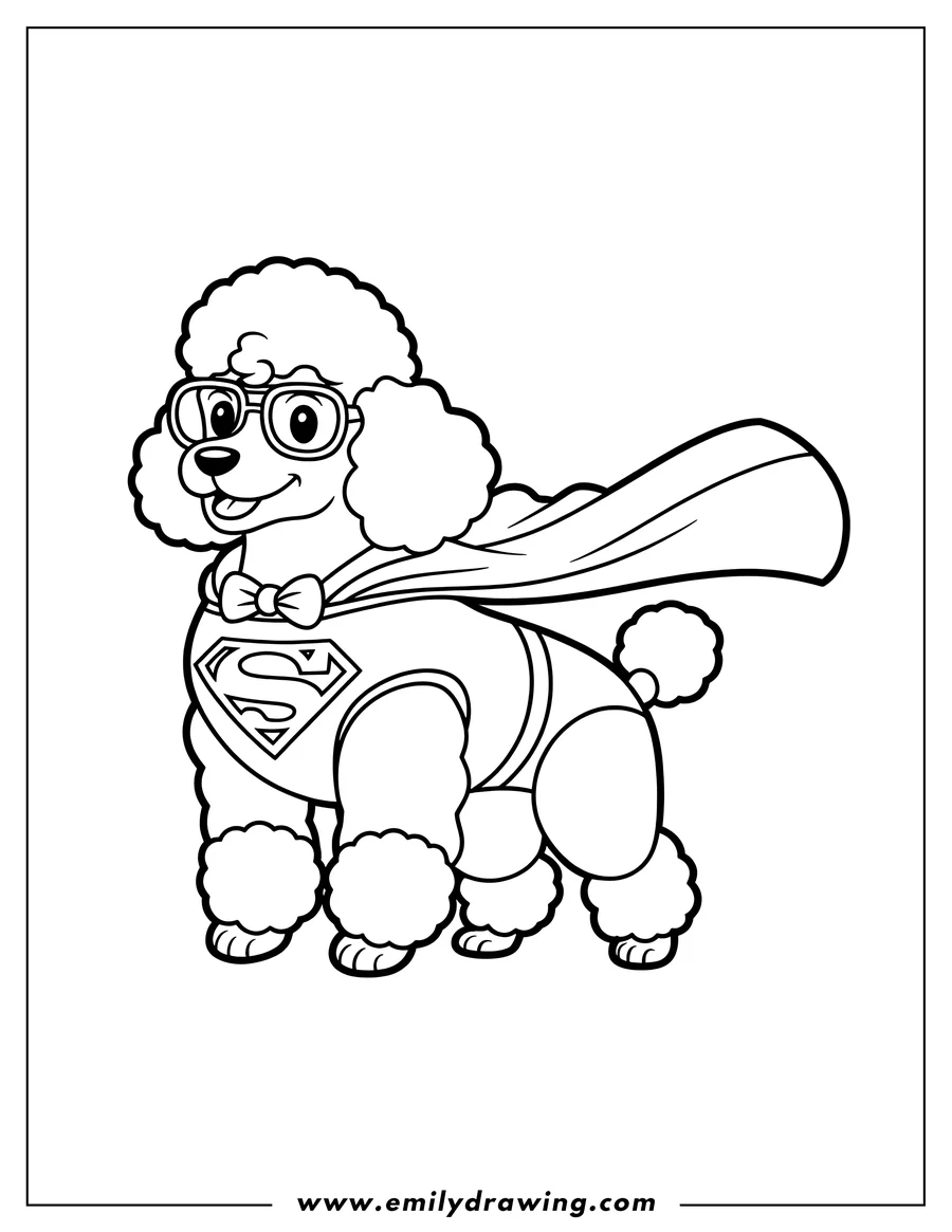 Line art of a poodle wearing a superhero costume, complete with a cape, glasses, and a bow tie.