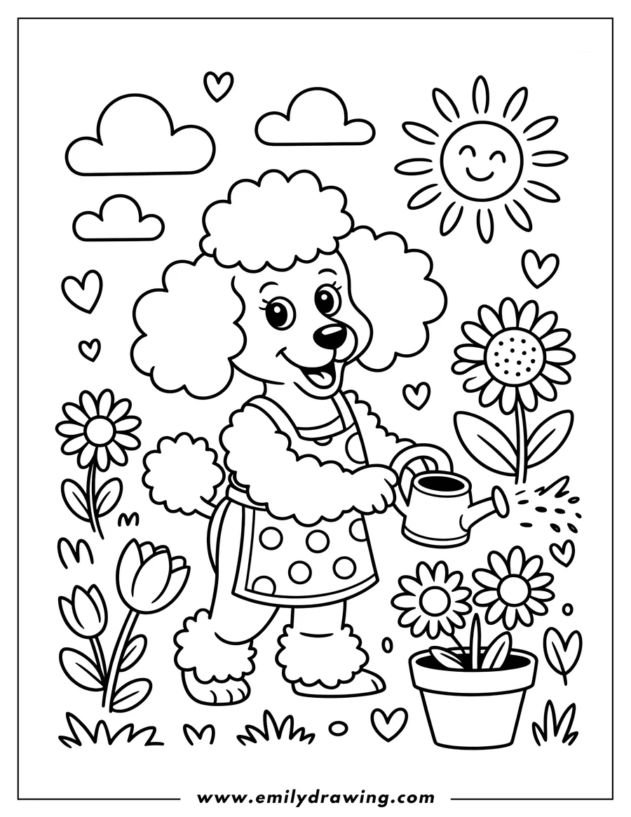 Outline of a poodle wearing an apron and watering flowers in a pot.  Tulips and other flowers are nearby. A smiling sun and fluffy clouds are in the sky.