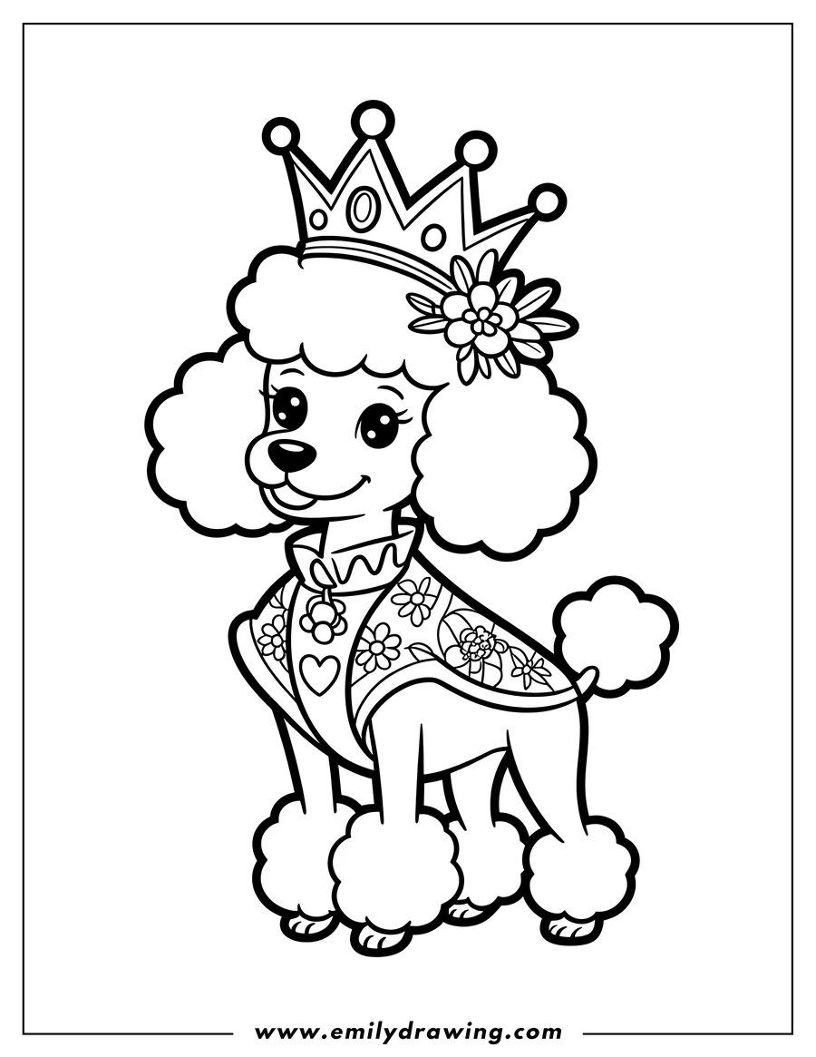 Outline of a poodle wearing a crown and a floral-decorated coat.