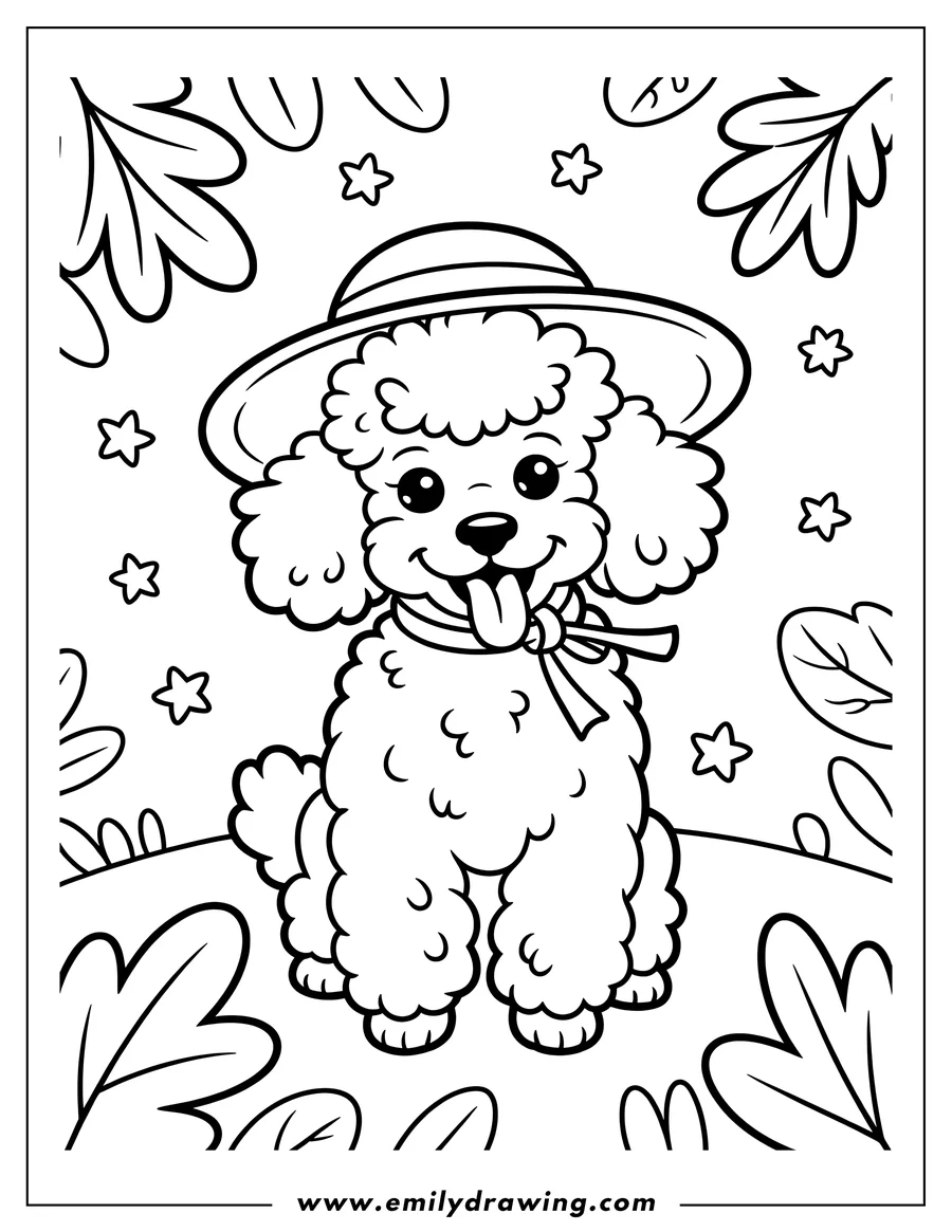 Line art of a poodle wearing a wide-brimmed hat and a bow around its neck.  The poodle's tongue is sticking out playfully. 