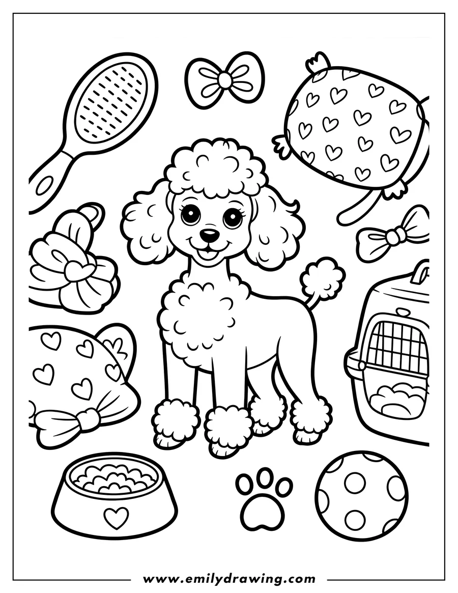 Line art of a poodle surrounded by accessories like a brush, bows, a pet carrier, a food bowl, a toy, and pillows.