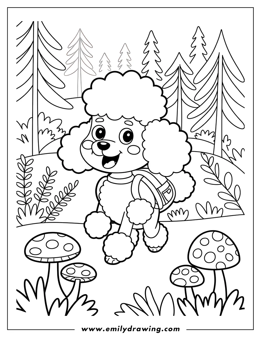 Outline of a poodle with a backpack walking in a forest with mushrooms and trees.