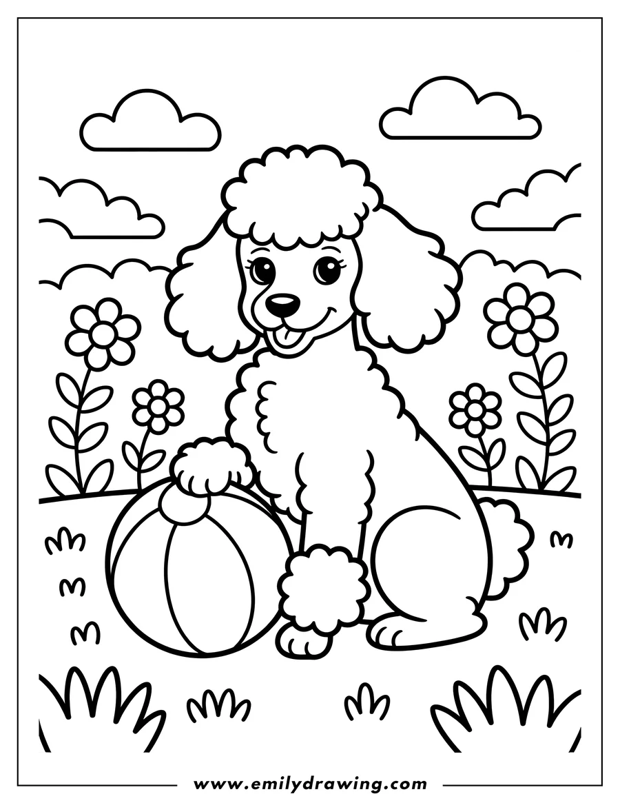 Outline of a poodle sitting with its paw on a ball in a field of flowers.