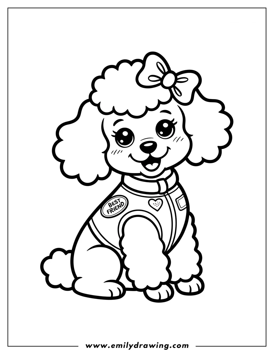 Outline of a poodle wearing a vest that says 