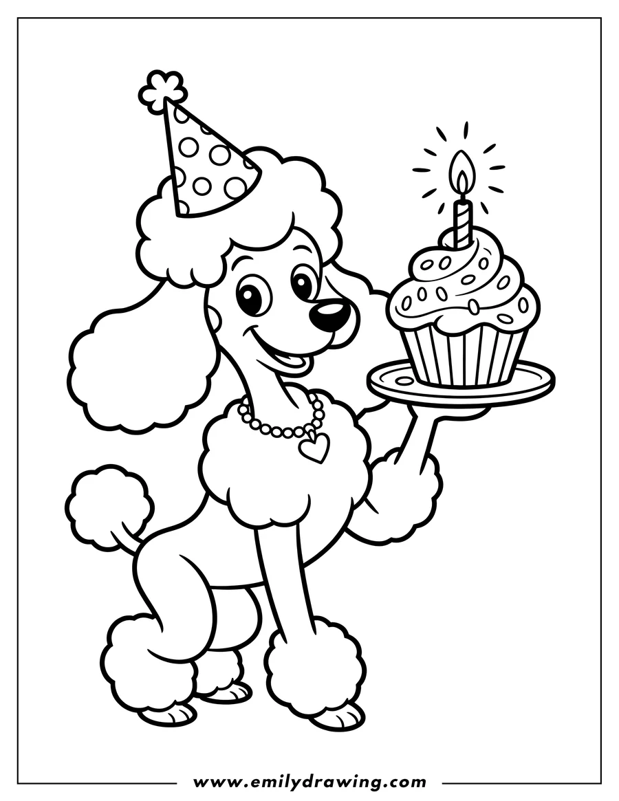 Line art of a poodle wearing a party hat and holding a cupcake with a lit candle on a small plate.