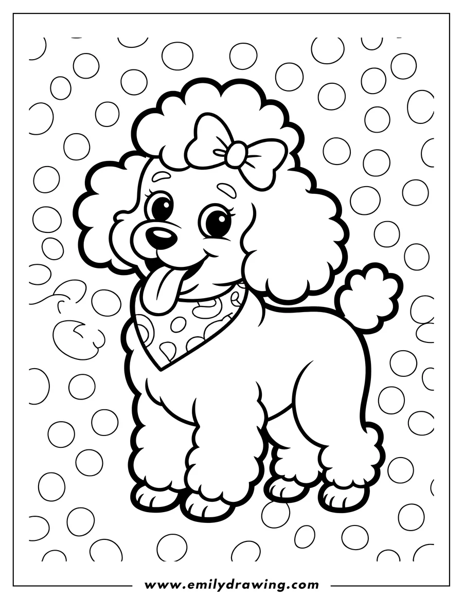 Line art of a poodle wearing a bow and bandana, tongue sticking out playfully.