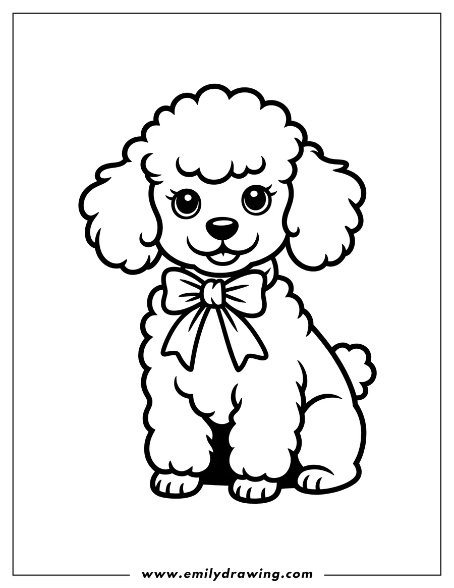Outline of a poodle sitting with a bow around its neck.