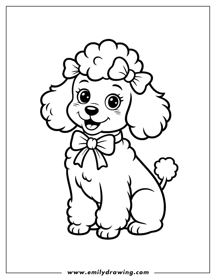 Outline of a poodle sitting with bows on its head and neck.