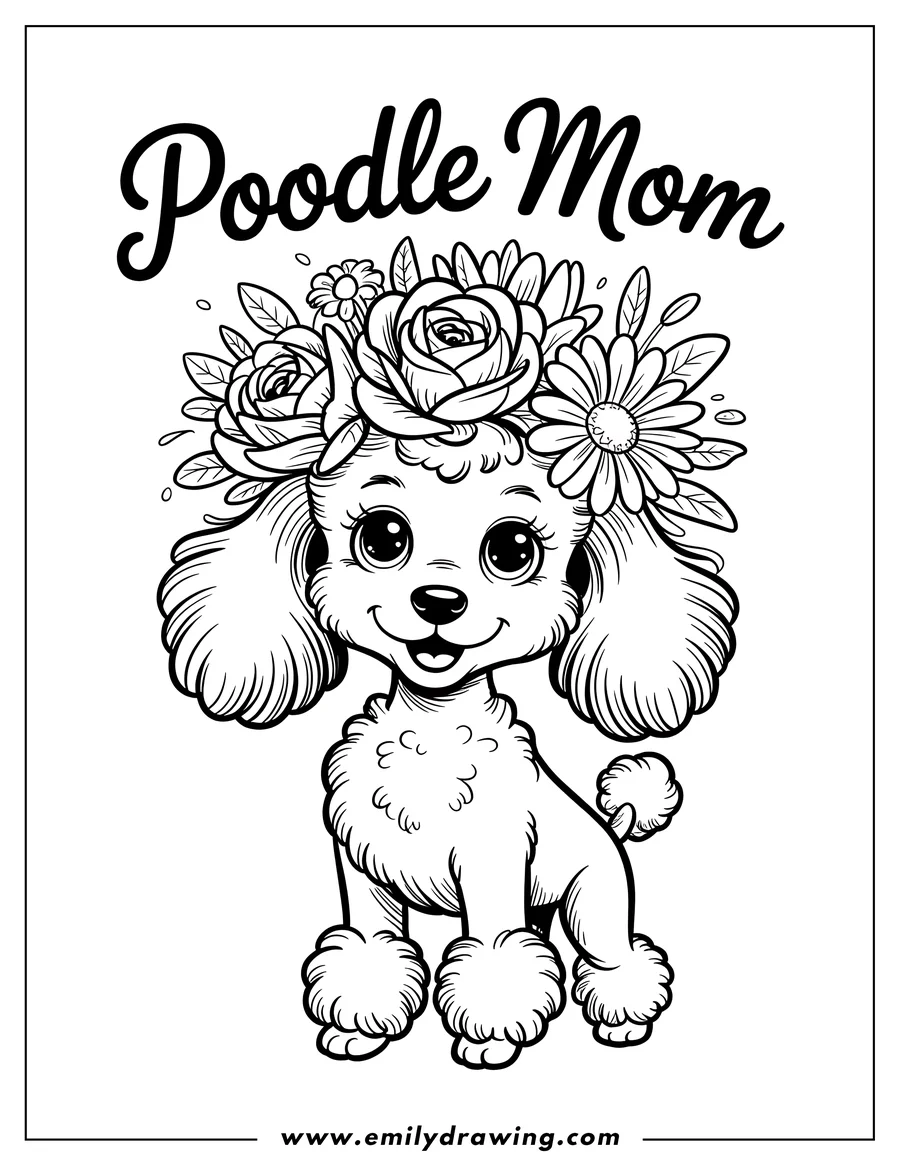 Line art of a poodle wearing a crown of flowers.