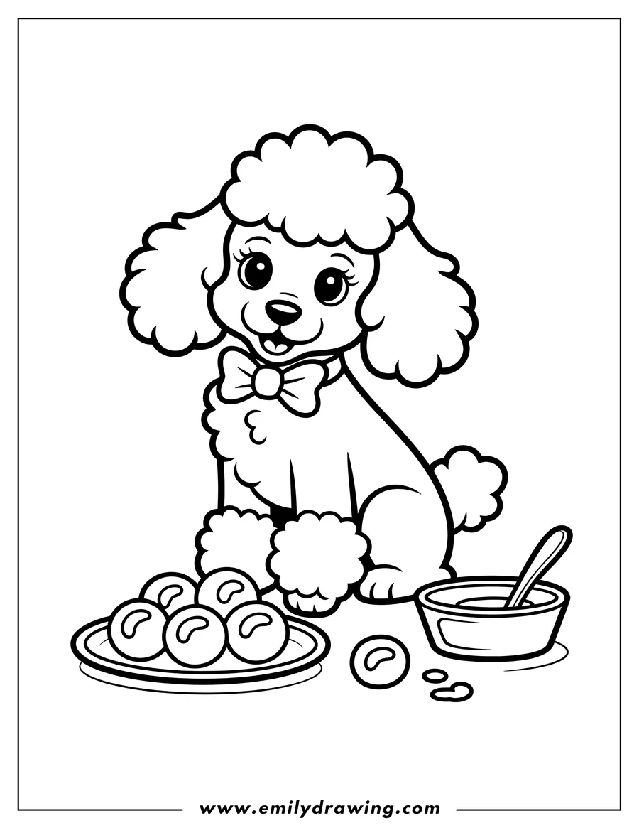 Outline of a poodle sitting next to a plate of round treats and a bowl of water with a spoon.