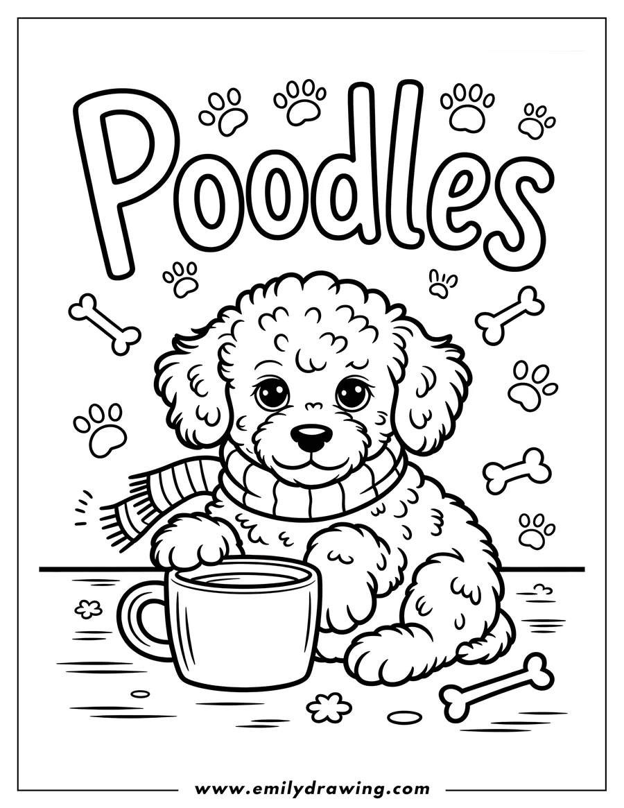 Outline of a poodle wearing a striped scarf and sitting with a steaming mug.