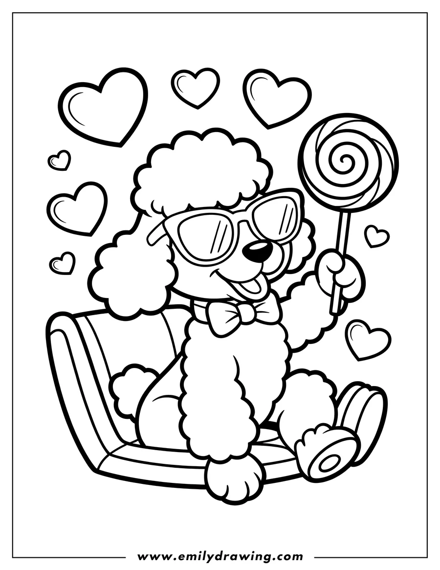 Line art of a poodle wearing sunglasses and a bow tie, holding a lollipop and sitting on a rounded surface.